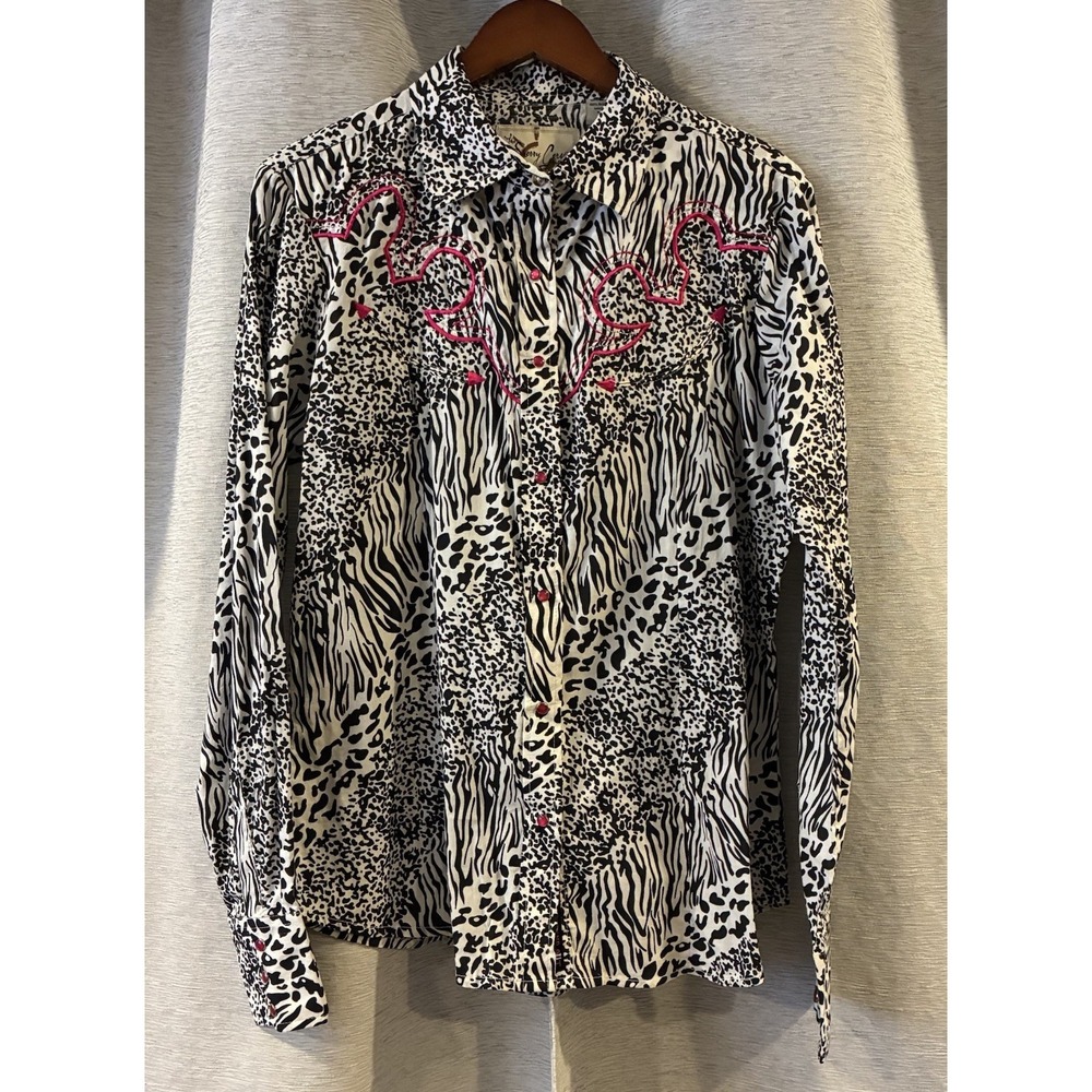 Sherry Cervi‎ Cowgirl Pearl Snap Animal Print Button Up Long Sleeve Size Large